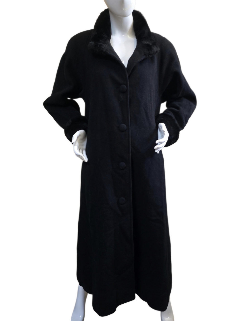 Vtg Albert Nipon Classic Wool Maxi Coat Faux Fur Collar Black Made in USA Sz 10